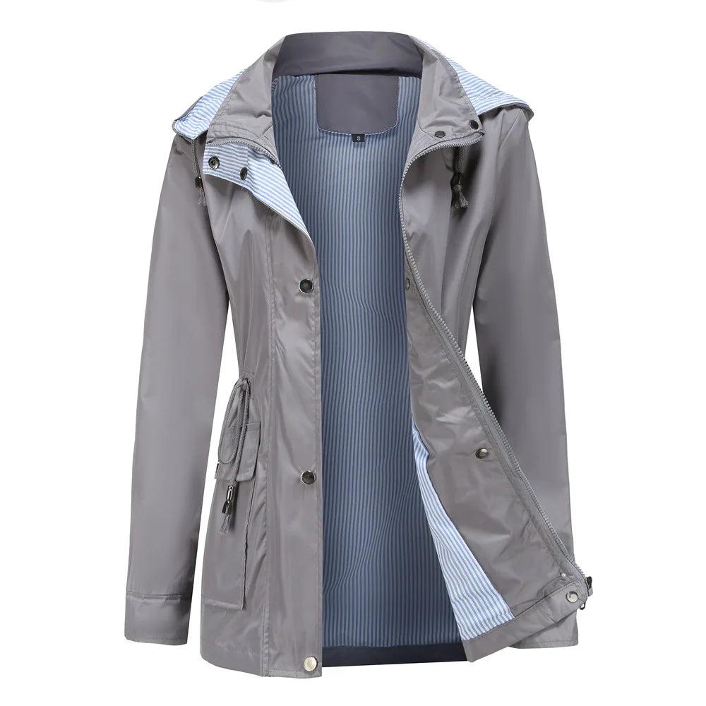 Women's Hooded Waterproof Rain Jacket with Drawstring Waist