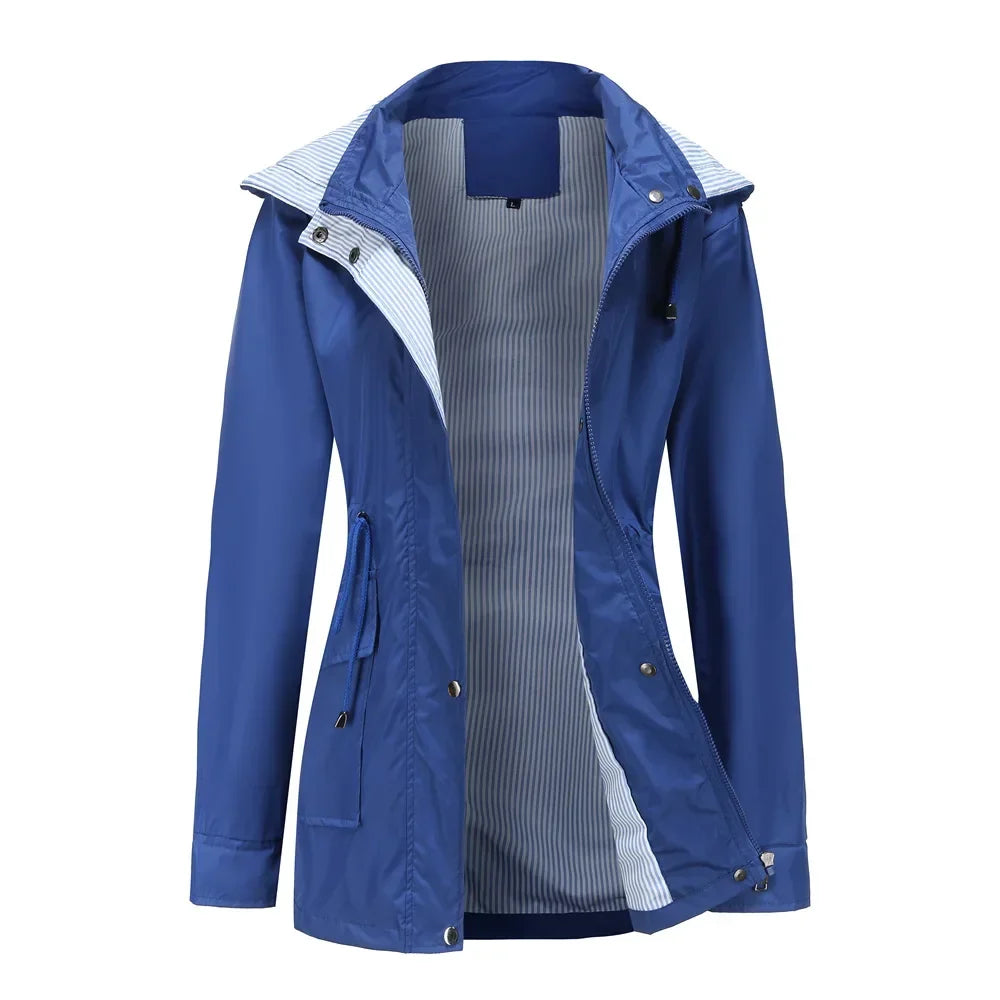 Women's Hooded Waterproof Rain Jacket with Drawstring Waist