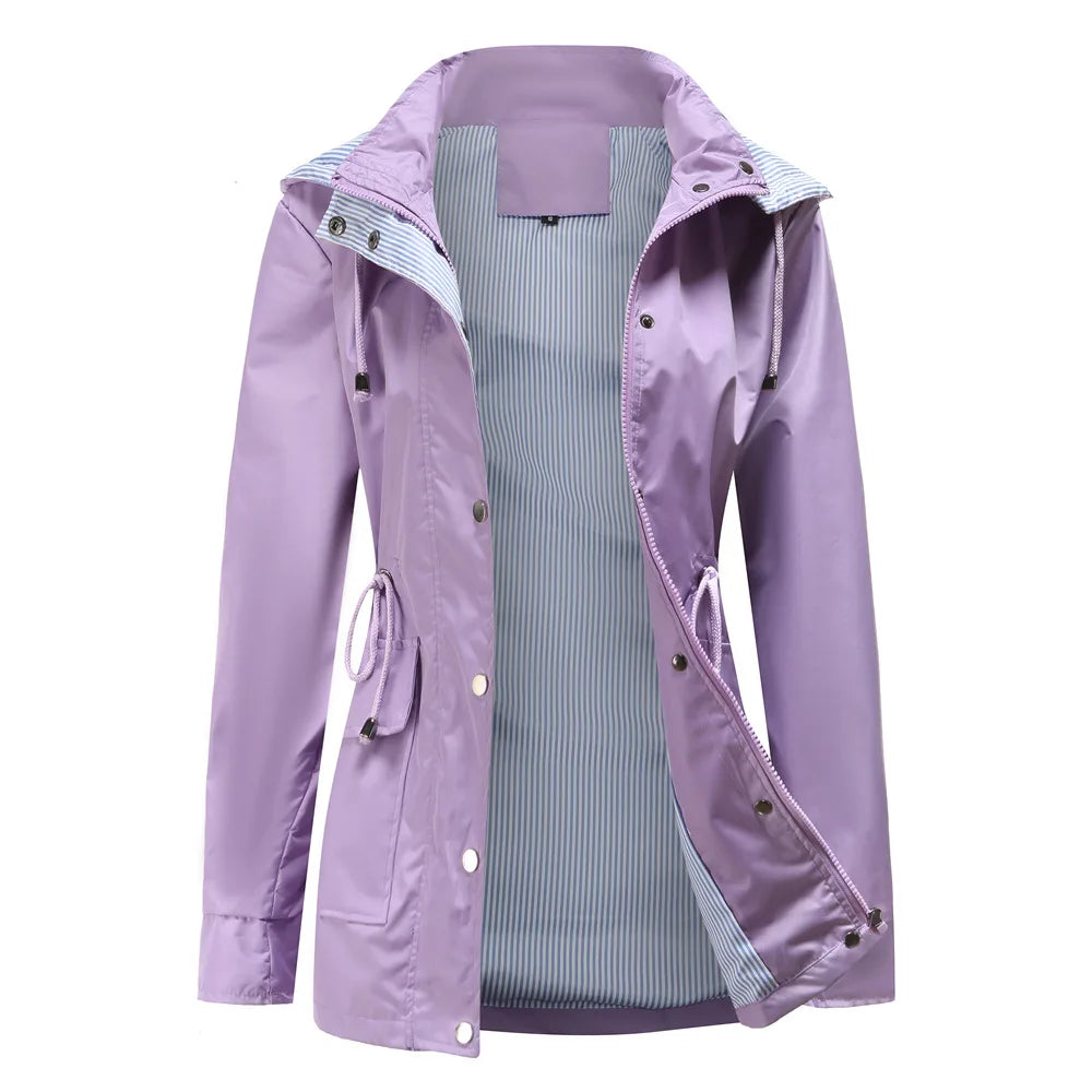 Women's Hooded Waterproof Rain Jacket with Drawstring Waist