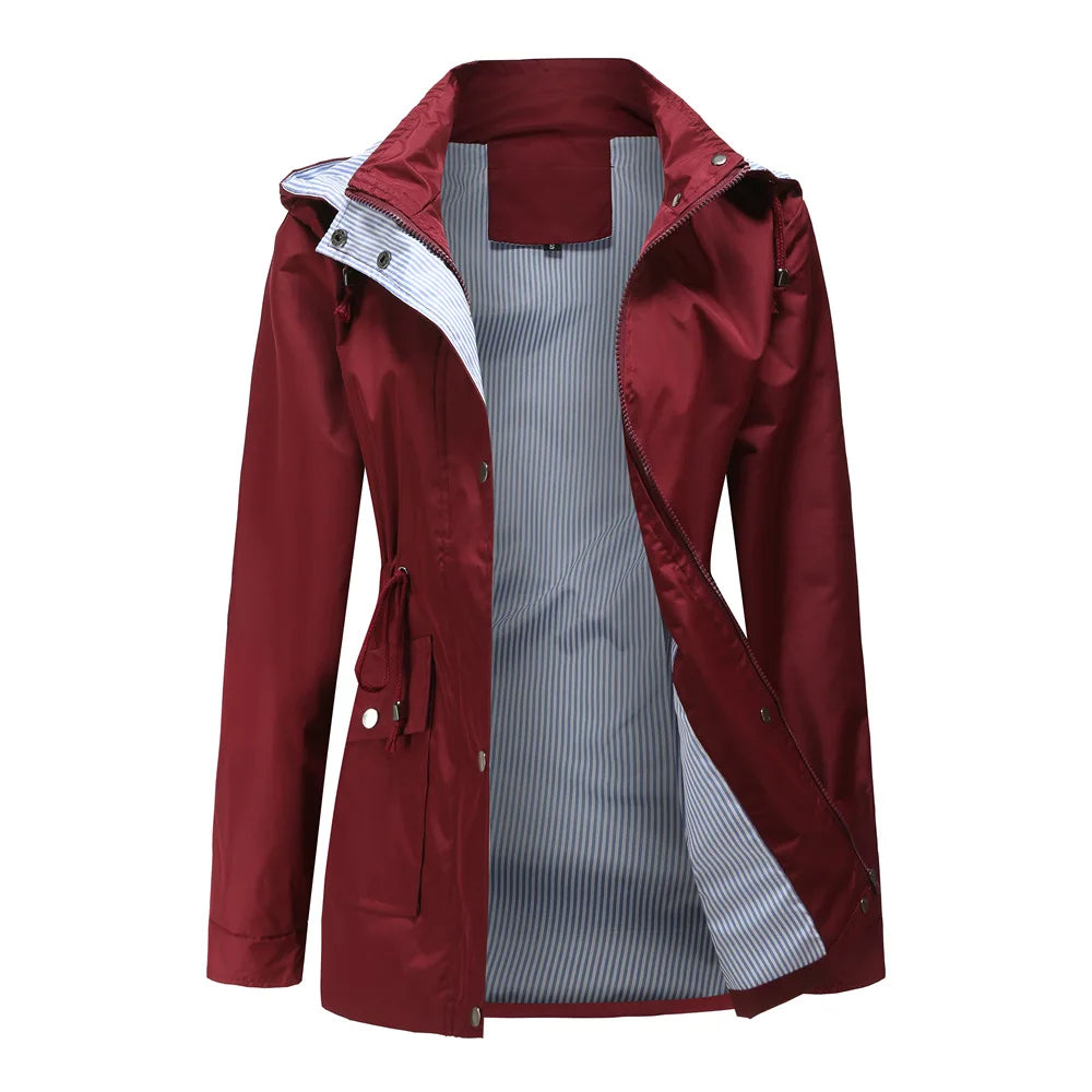 Women's Hooded Waterproof Rain Jacket with Drawstring Waist