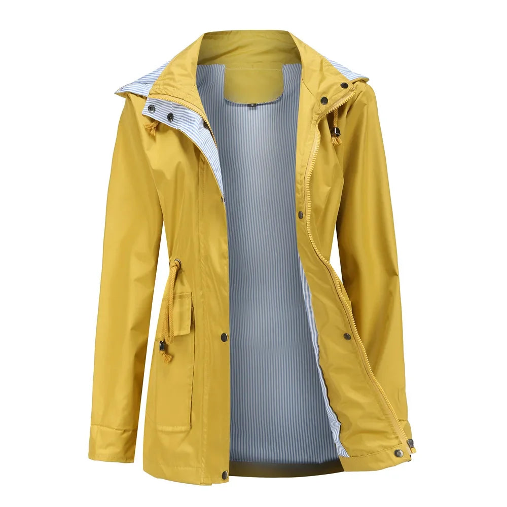 Women's Hooded Waterproof Rain Jacket with Drawstring Waist