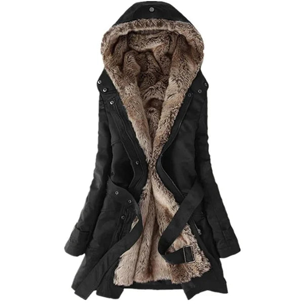 Women's Hooded Winter Coat with Faux Fur Trim and Zip Front