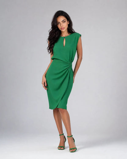 Green keyhole neck midi cocktail dress with elegant draping and wedding guest styling by ILYNORA