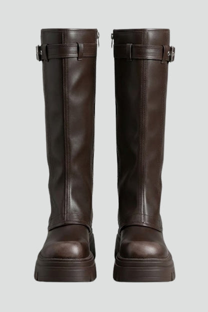 Women's Knee High Platform Boots with Side Zip and Buckle Straps