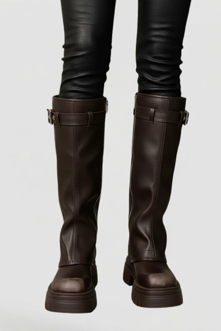 Women's Knee High Platform Boots with Side Zip and Buckle Straps
