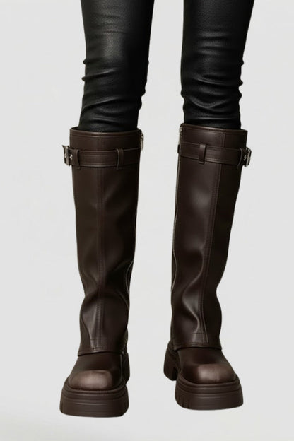Women's Knee High Platform Boots with Side Zip and Buckle Straps