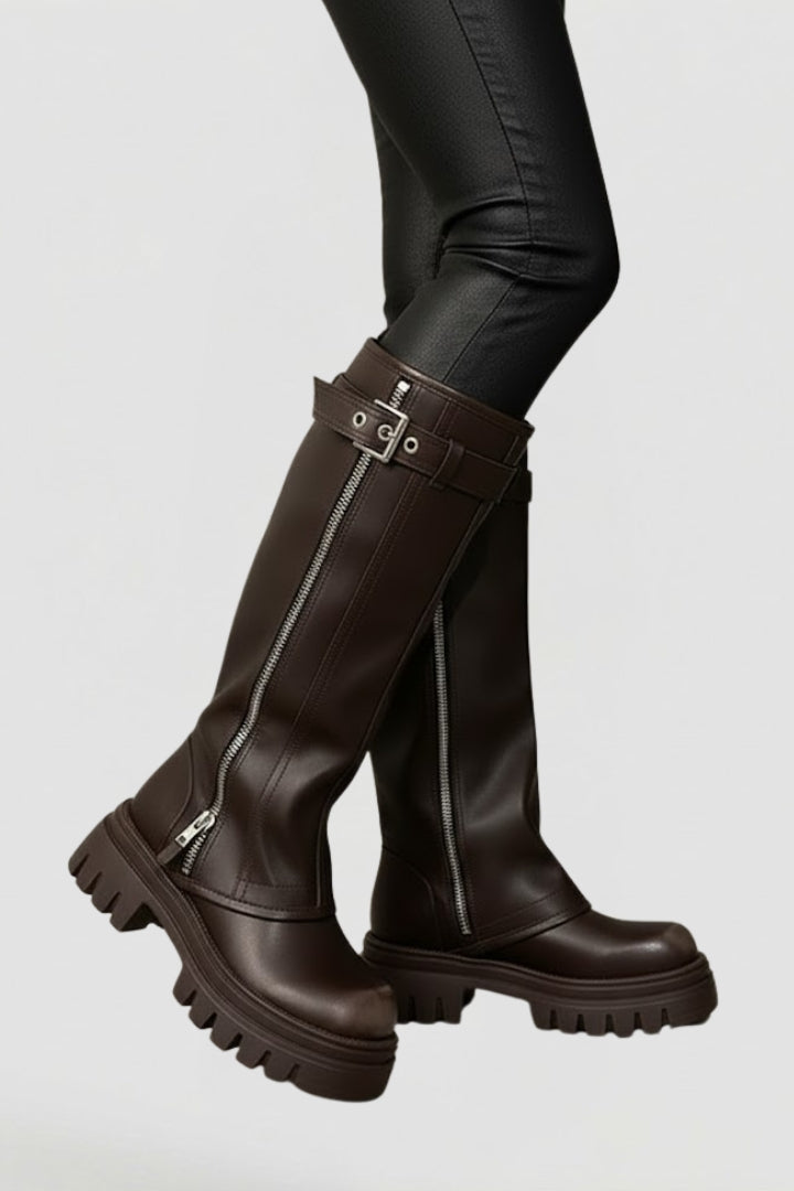 Women's Knee High Platform Boots with Side Zip and Buckle Straps