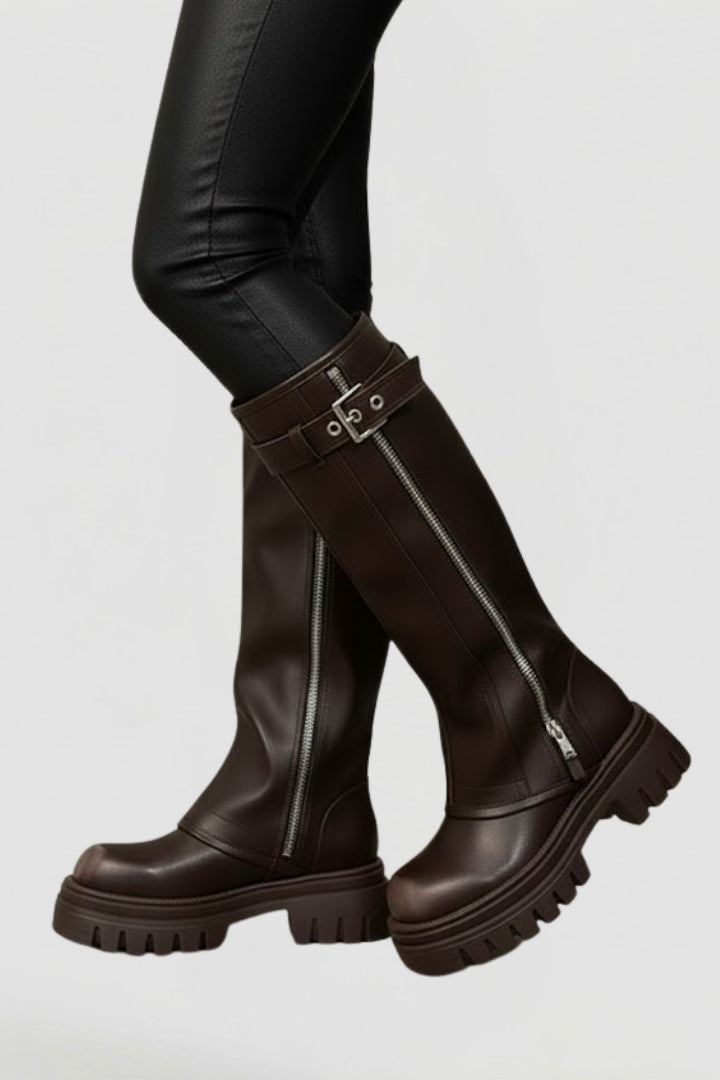 Women's Knee High Platform Boots with Side Zip and Buckle Straps