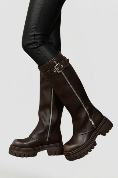 Women's Knee High Platform Boots with Side Zip and Buckle Straps