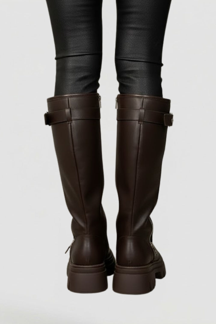 Women's Knee High Platform Boots with Side Zip and Buckle Straps