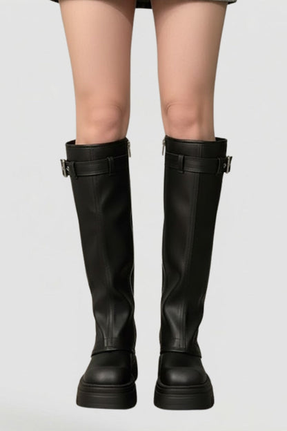 Women's Knee High Platform Boots with Side Zip and Buckle Straps