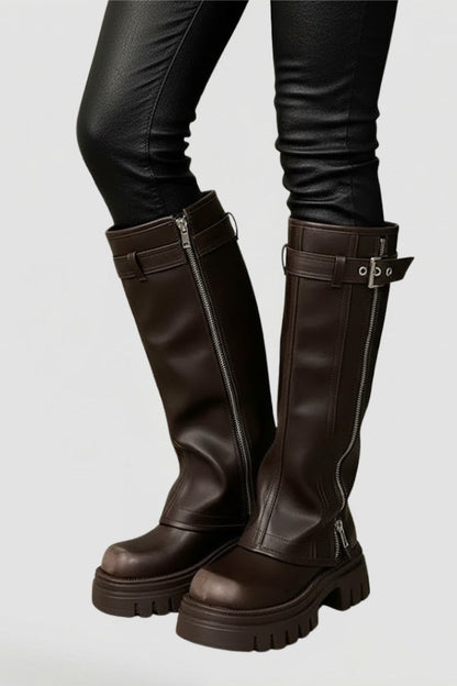Women's Knee High Platform Boots with Side Zip and Buckle Straps