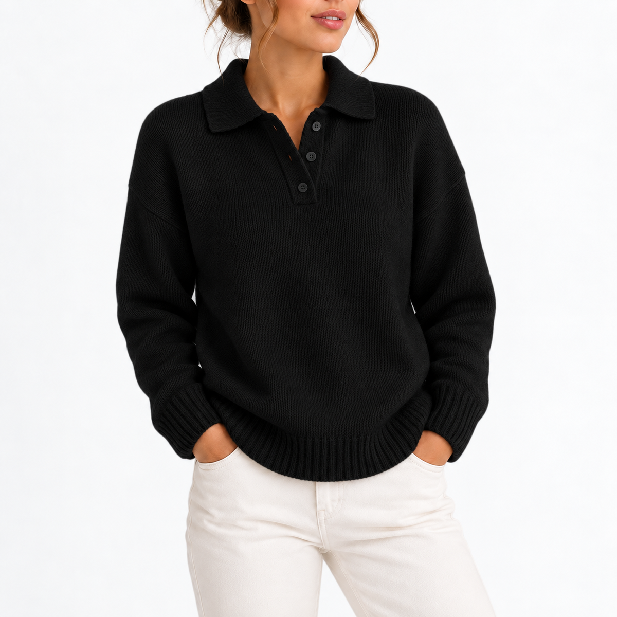 Women's Knit Polo Collar Jumper with Button Placket