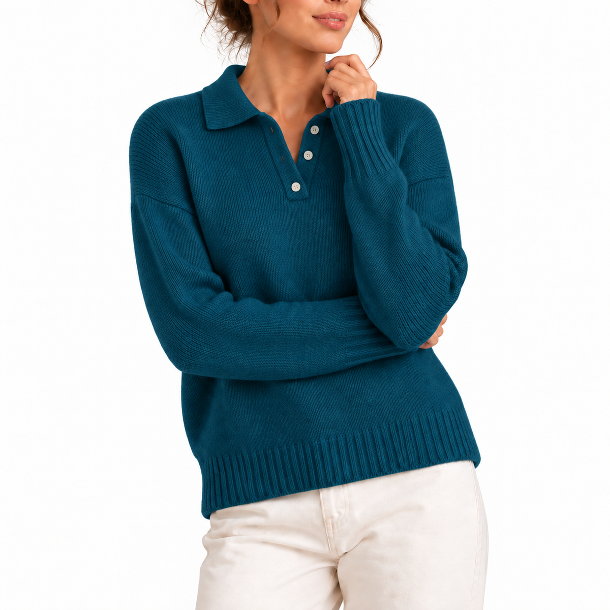 Women's Knit Polo Collar Jumper with Button Placket