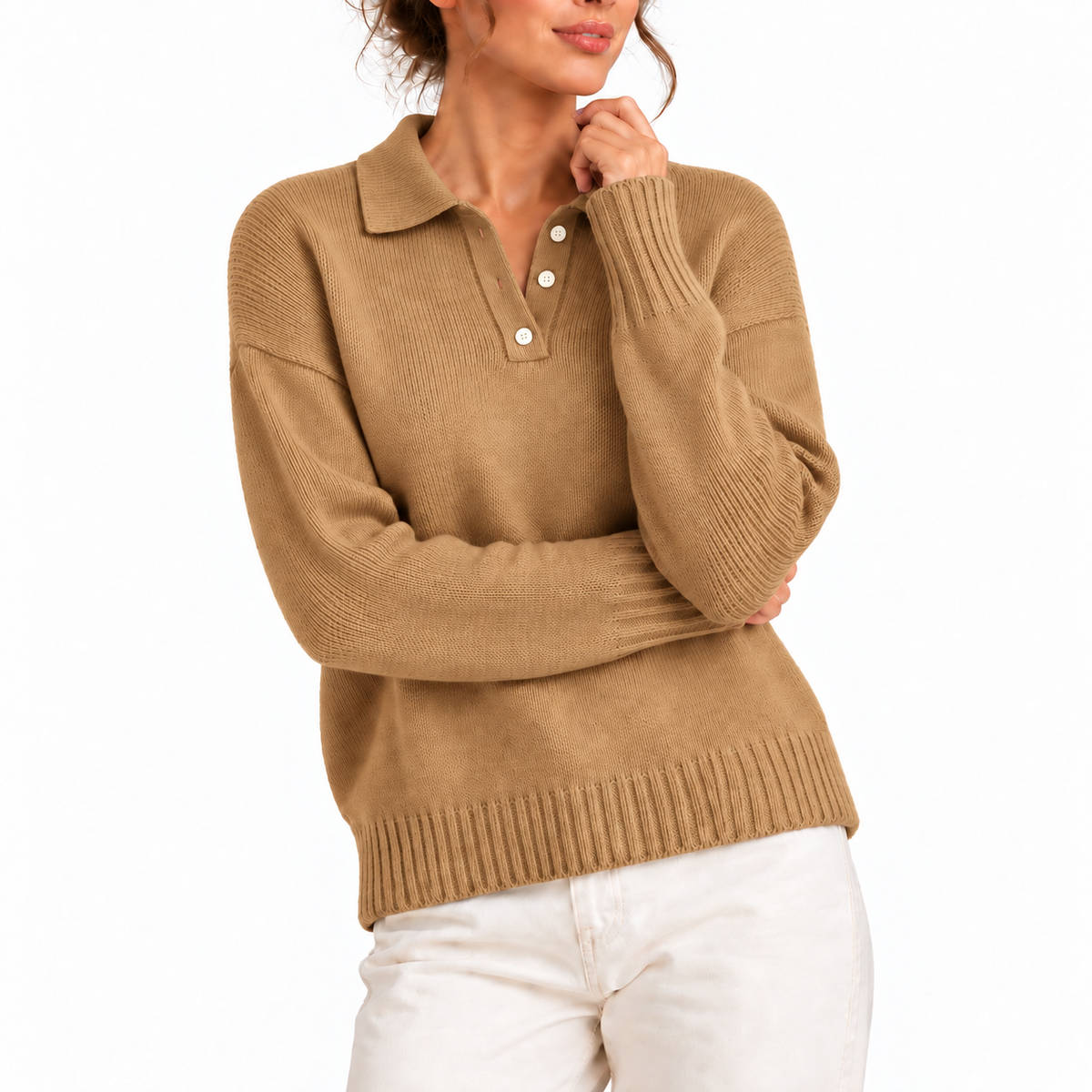 Women's Knit Polo Collar Jumper with Button Placket