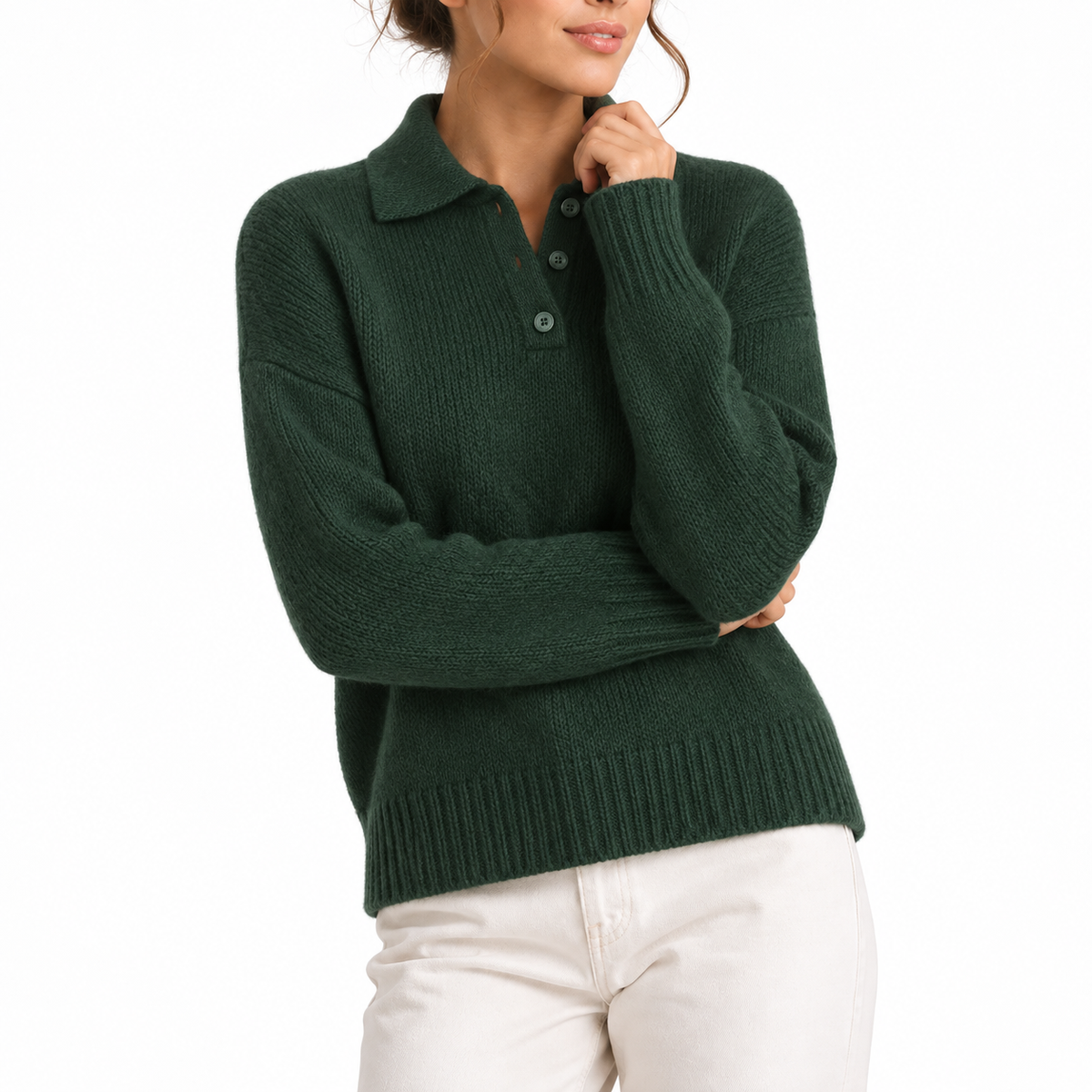 Women's Knit Polo Collar Jumper with Button Placket