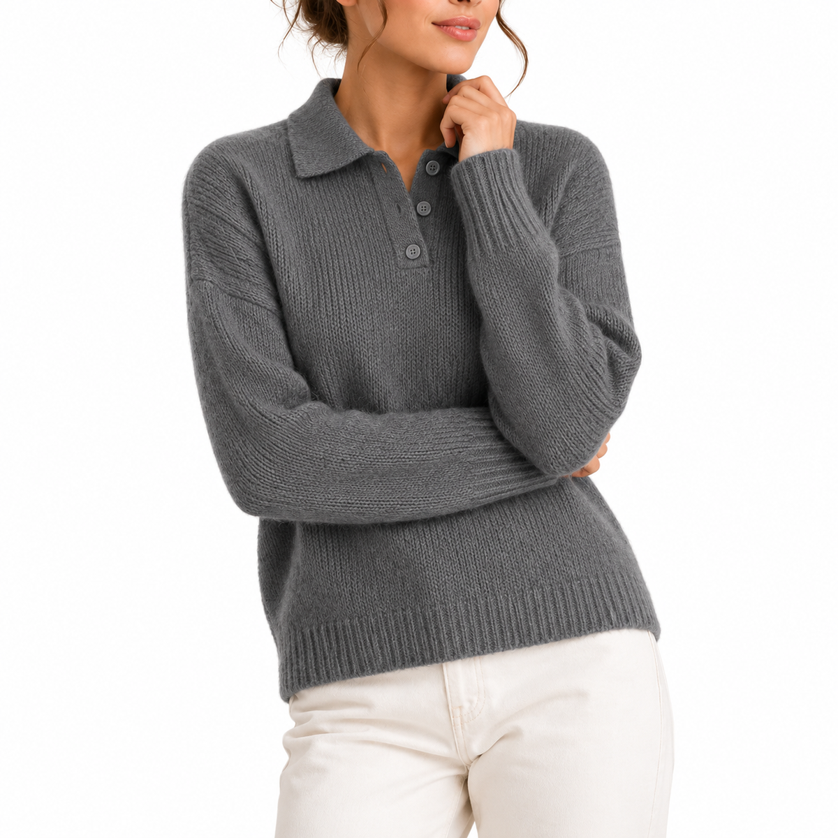 Women's Knit Polo Collar Jumper with Button Placket