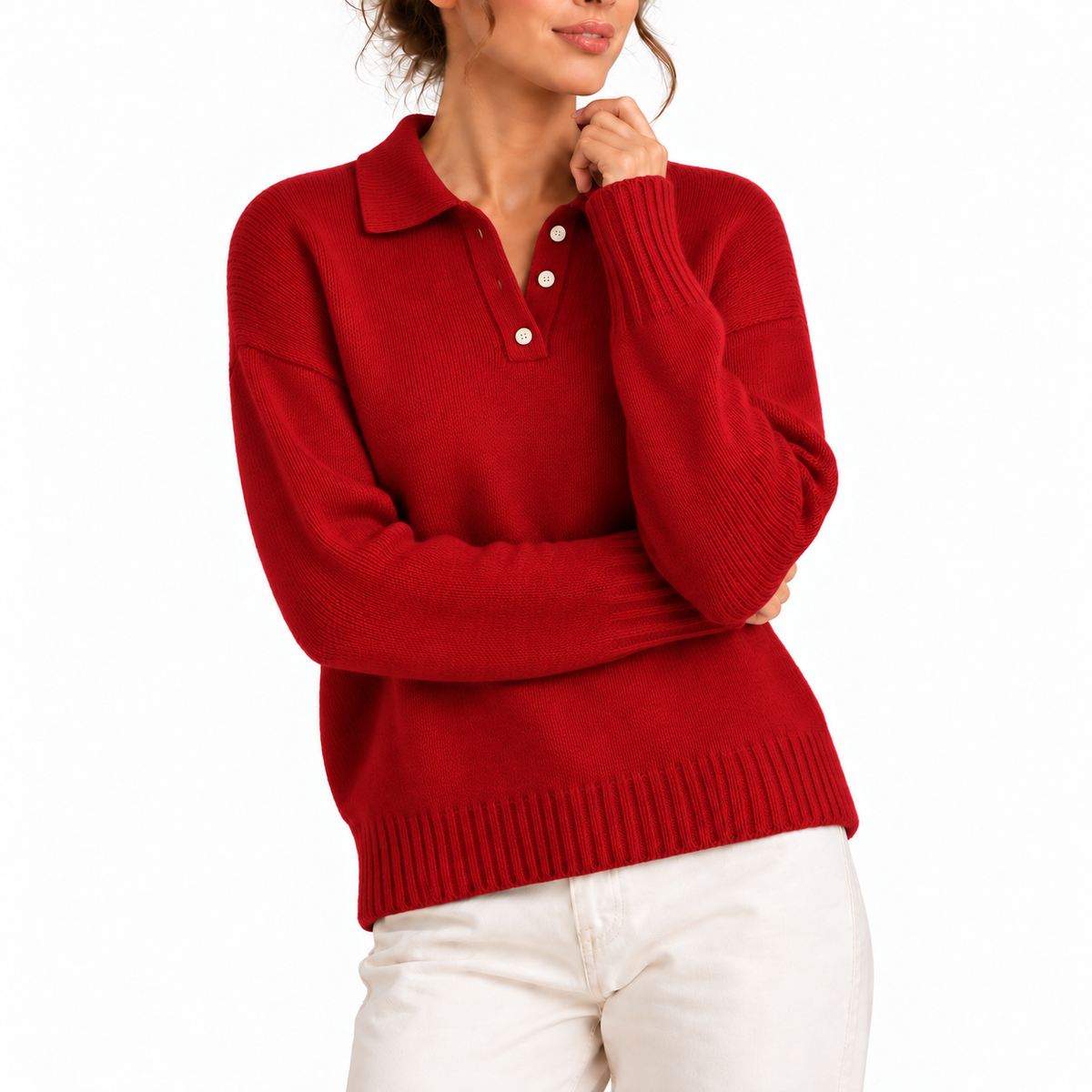 Women's Knit Polo Collar Jumper with Button Placket