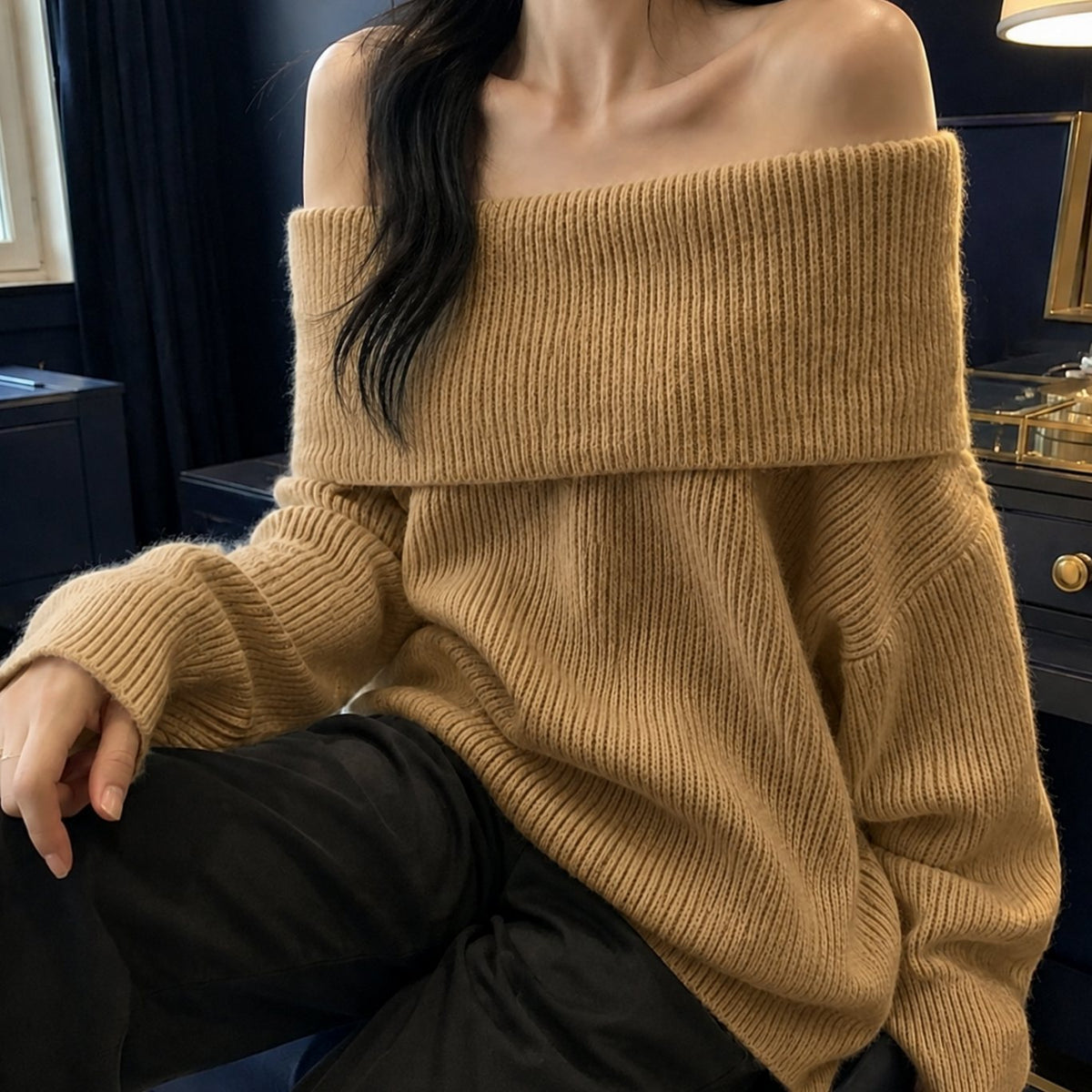 Women's Knitwear Off-Shoulder Foldover Oversized Pullover Jumper