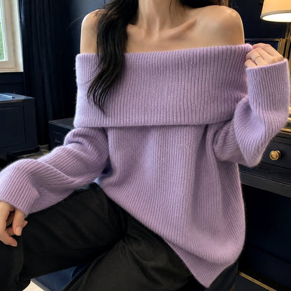 Women's Knitwear Off-Shoulder Foldover Oversized Pullover Jumper