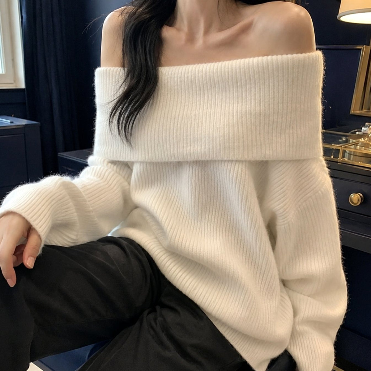 Women's Knitwear Off-Shoulder Foldover Oversized Pullover Jumper