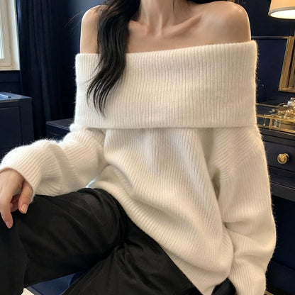 Women's Knitwear Off-Shoulder Foldover Oversized Pullover Jumper