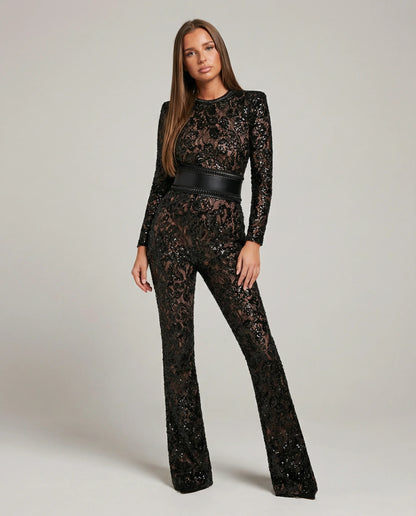 Women's lace flare leg jumpsuit in black by Ilynora, front view with fitted bodice and flared legs