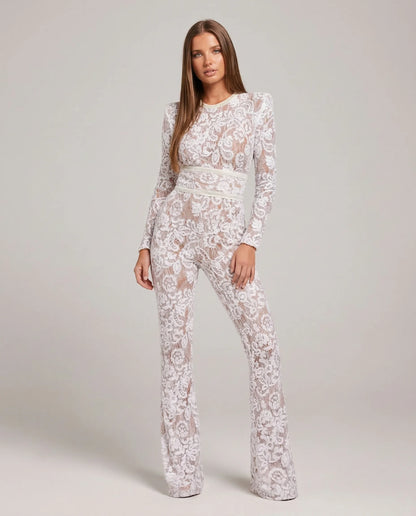 Women's lace flare leg jumpsuit in white by Ilynora, front view with fitted bodice and flared legs