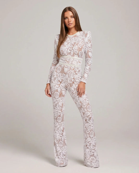 Women's lace flare leg jumpsuit in white by Ilynora, front view with fitted bodice and flared legs