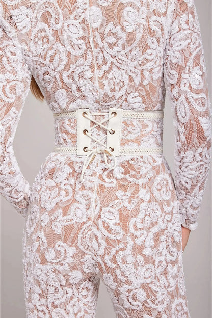 White long sleeve lace jumpsuit by Ilynora, full body view with high neckline and tailored fit