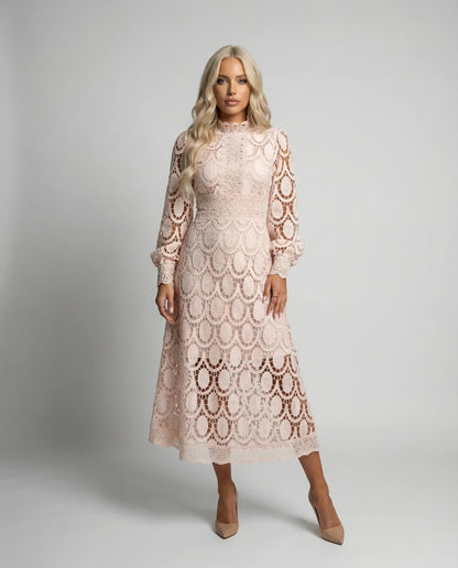 Apricot lace long sleeve midi dress for women by Ilynora London, elegant fitted design for special occasions