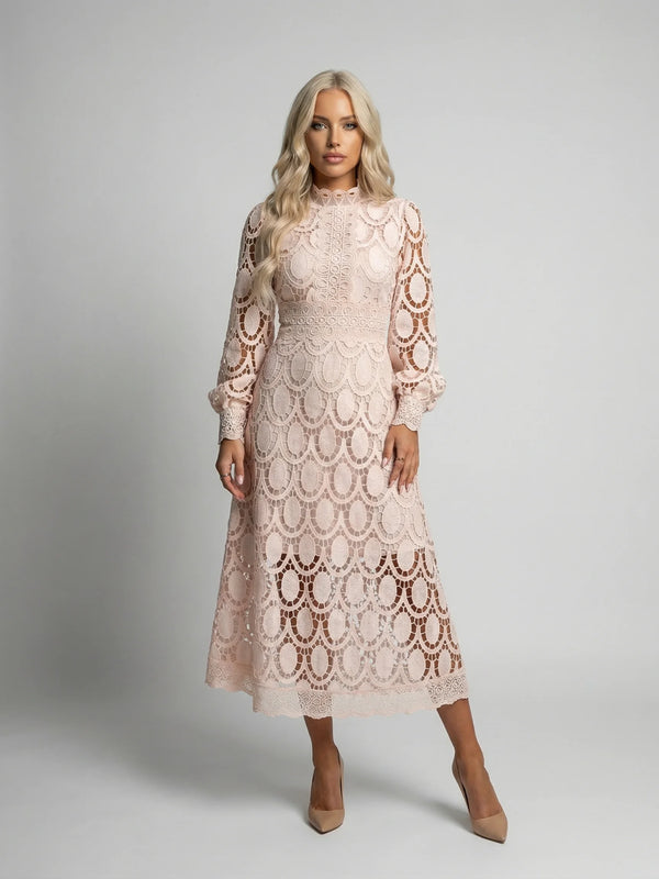 Apricot lace long sleeve midi dress for women by Ilynora London, elegant fitted design for special occasions