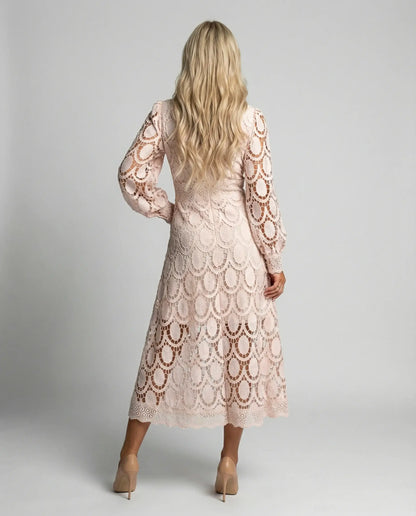 Apricot lace long sleeve midi dress for women by Ilynora London, back view showing elegant fitted design for special occasions