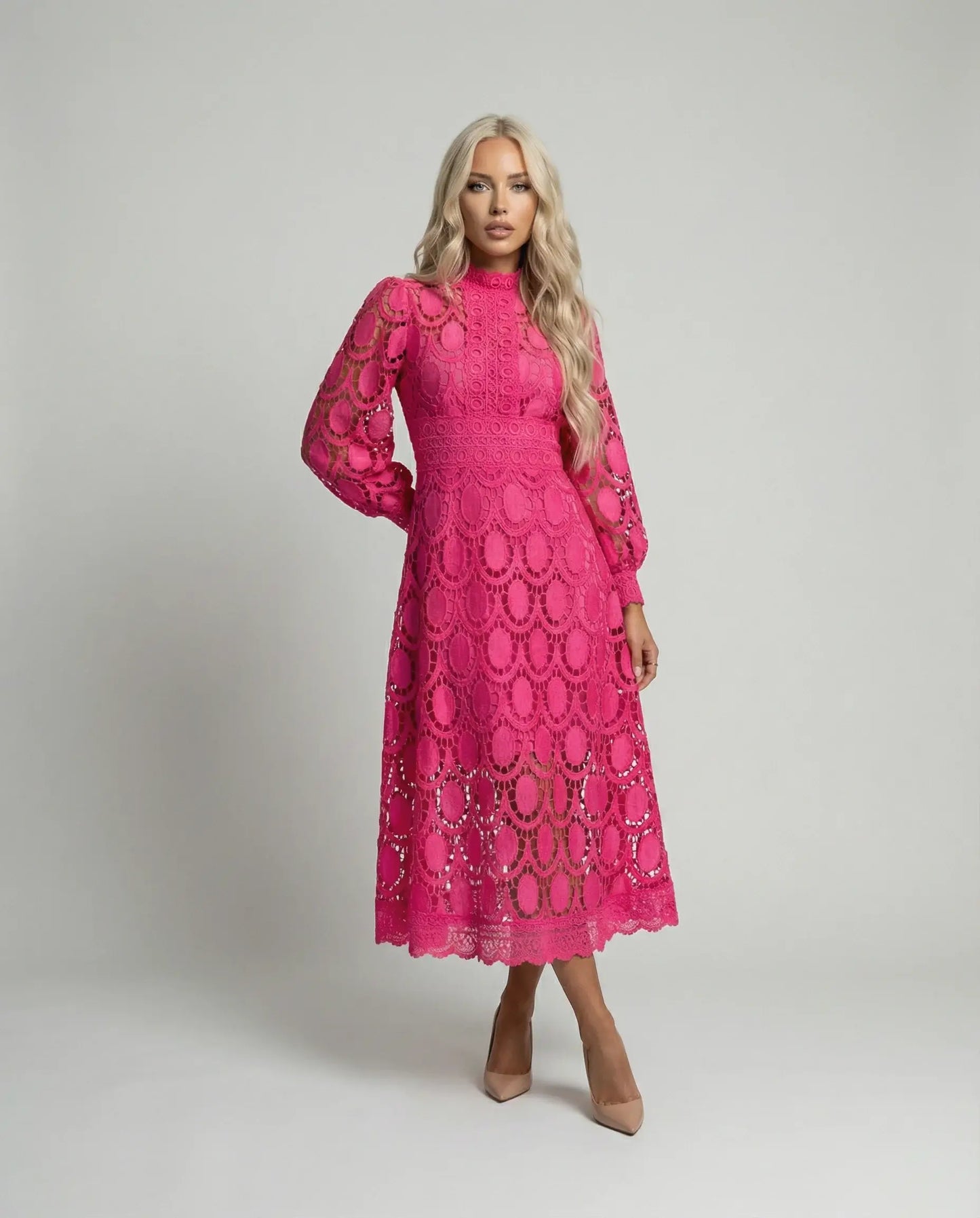 Pink lace long sleeve midi dress for women by Ilynora London, elegant fitted design for special occasions
