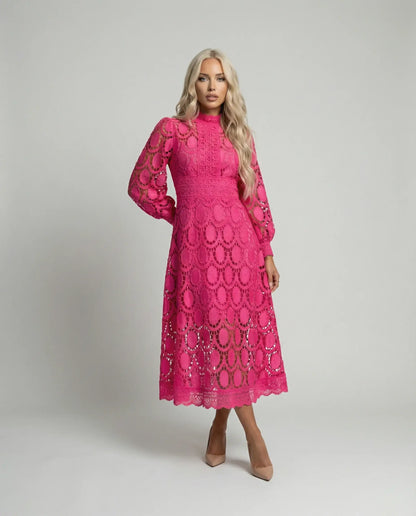 Pink lace long sleeve midi dress for women by Ilynora London, elegant fitted design for special occasions