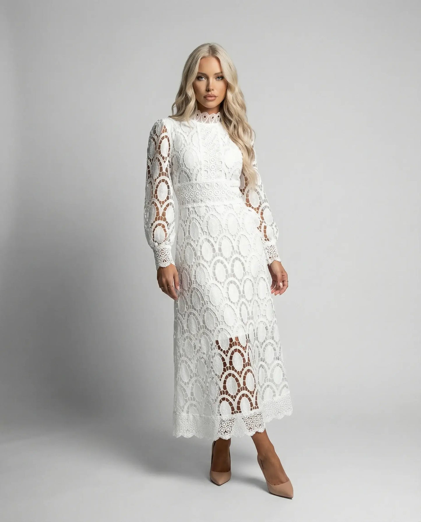 White lace long sleeve midi dress for women by Ilynora London, elegant fitted design for special occasions
