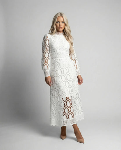 White lace long sleeve midi dress for women by Ilynora London, elegant fitted design for special occasions