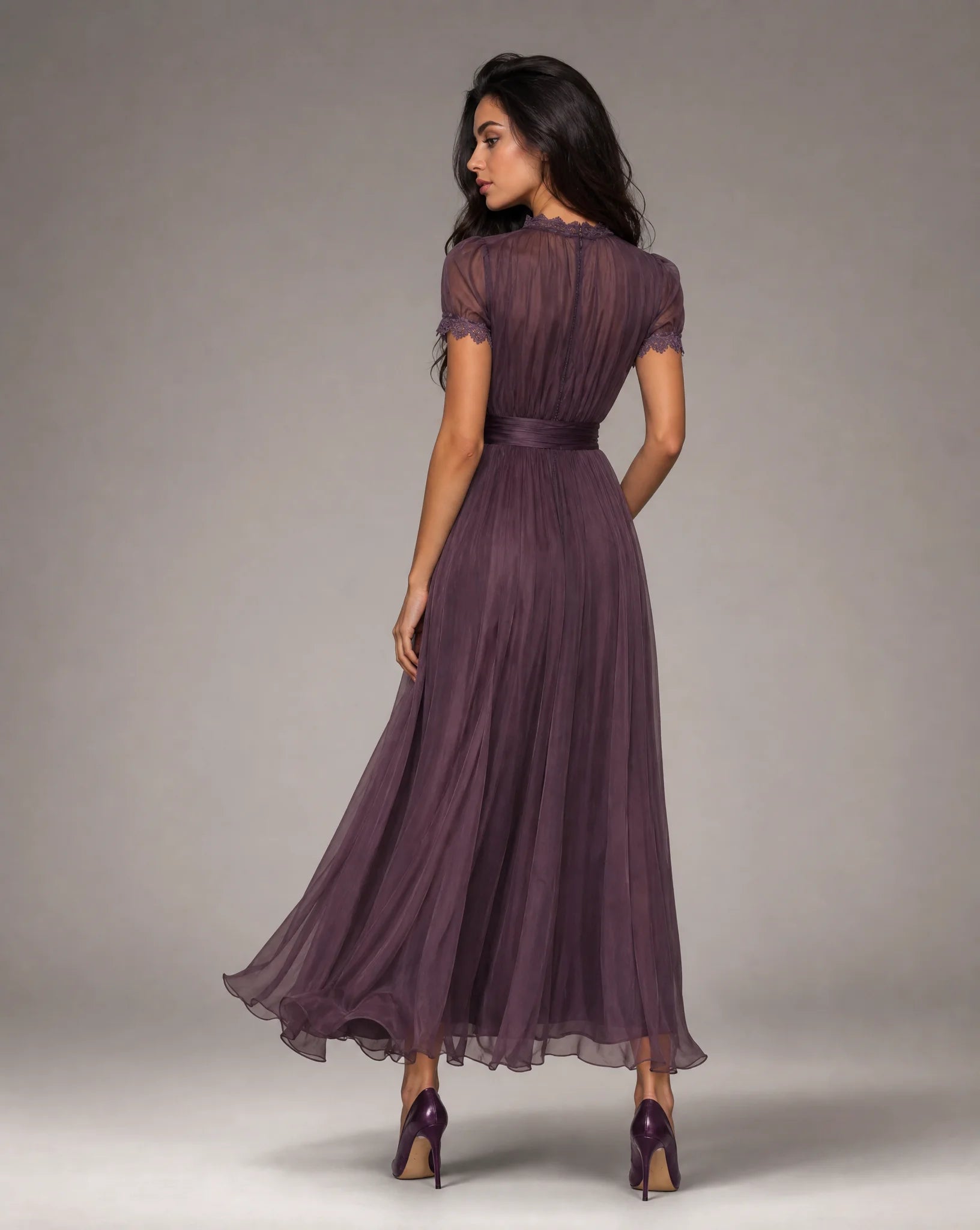 Women's purple lace trim maxi dress back view by ILYNORA