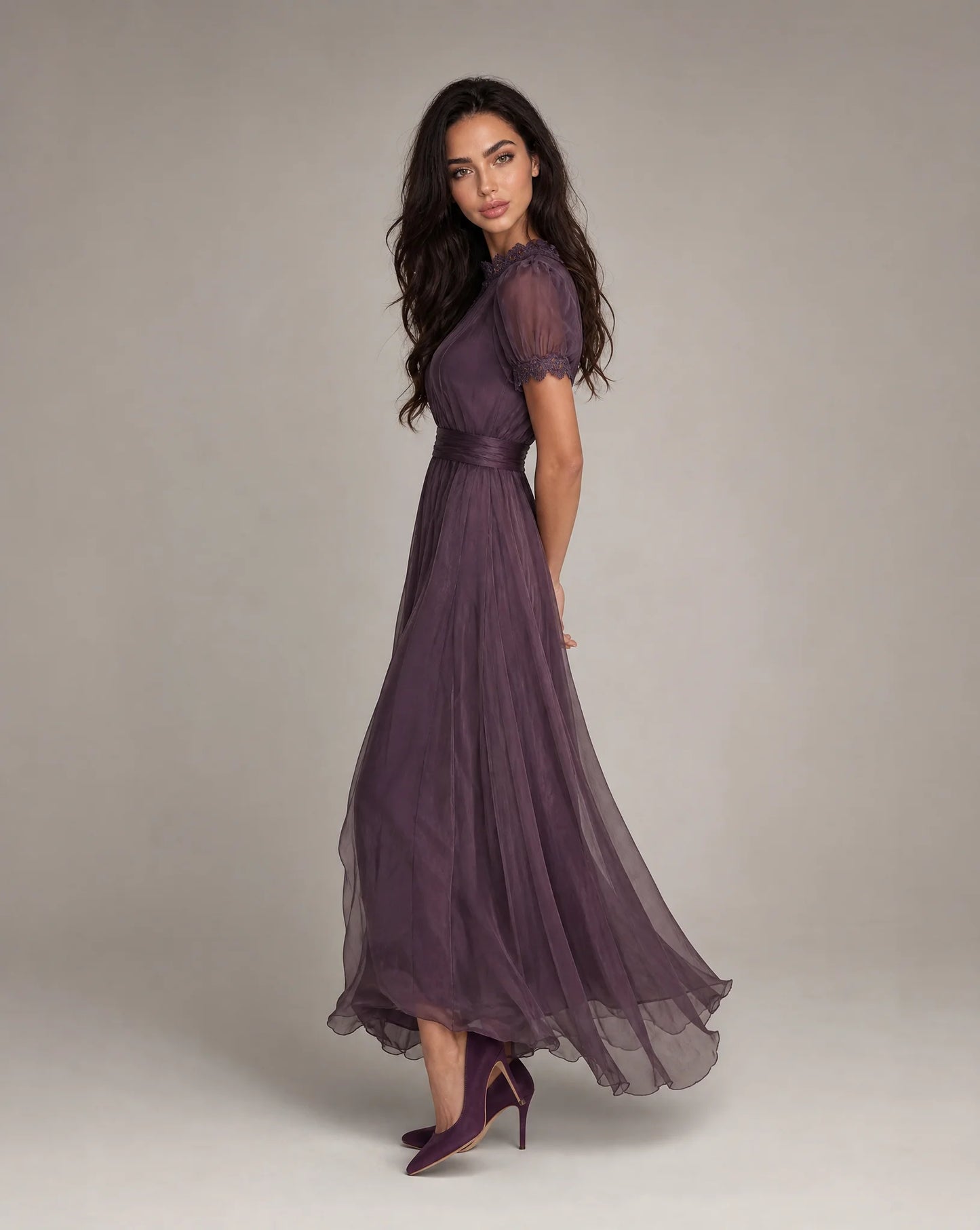 Women's purple lace trim maxi dress side view by ILYNORA