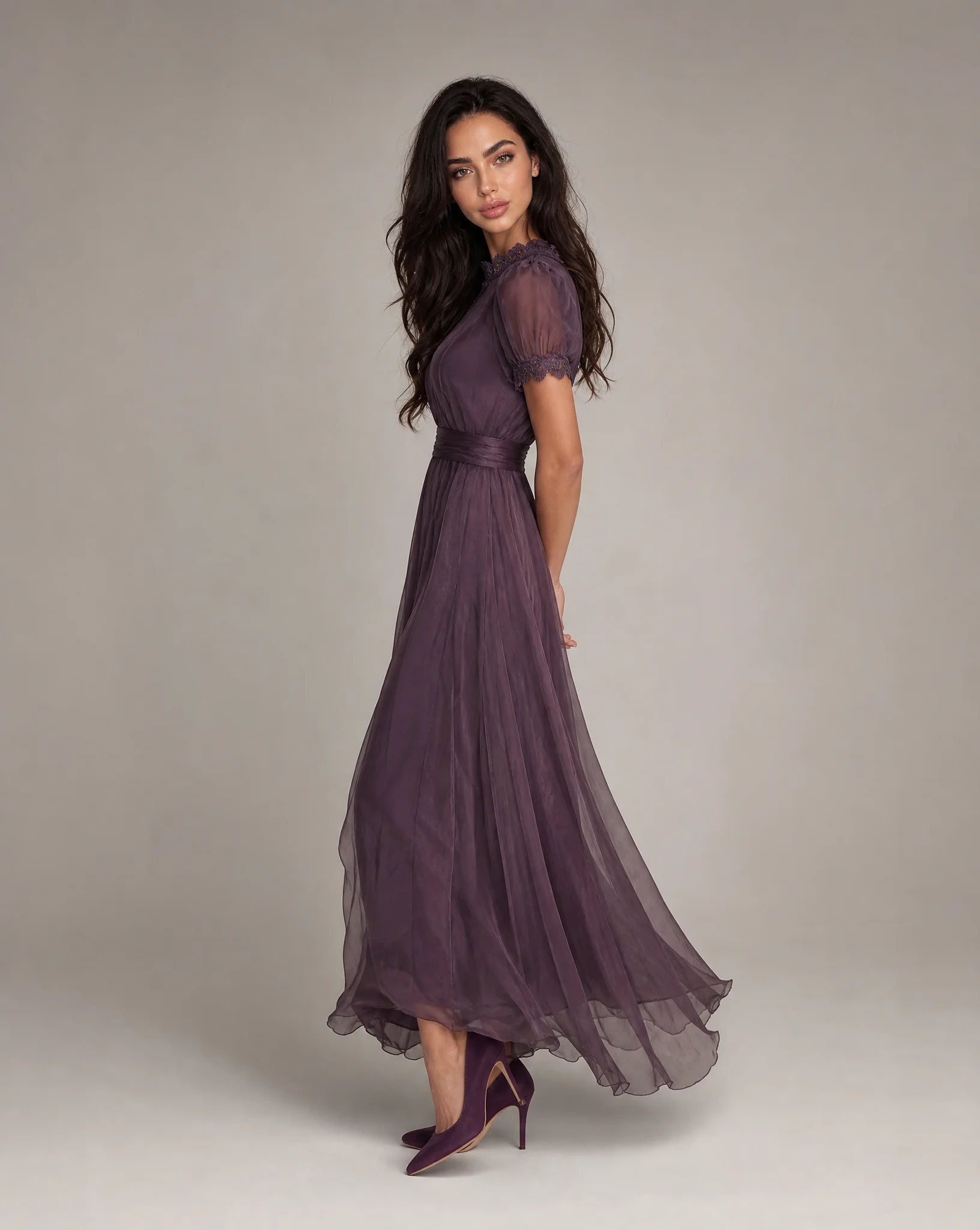 Women's purple lace trim maxi dress side view by ILYNORA