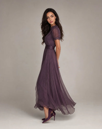 Women's purple lace trim maxi dress side view by ILYNORA