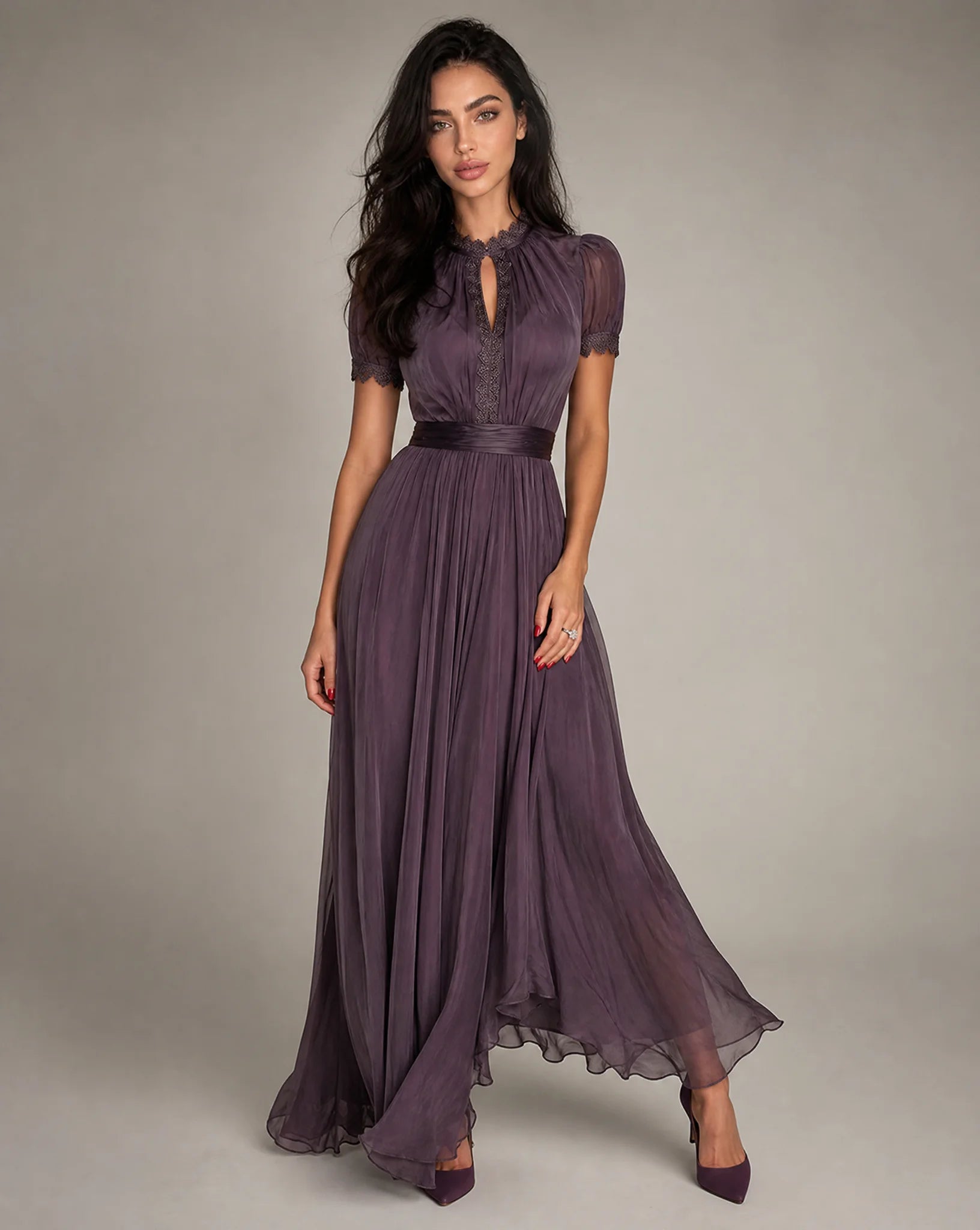 Women's purple lace trim maxi dress front view by ILYNORA