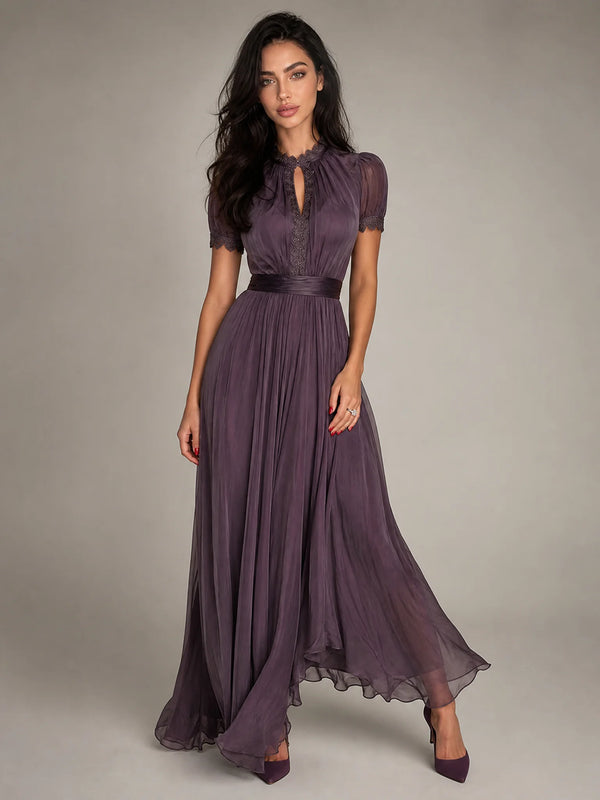 Women's purple lace trim maxi dress front view by ILYNORA