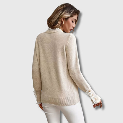 Women's Lace Trim Round Neck Jumper with Button Sleeves