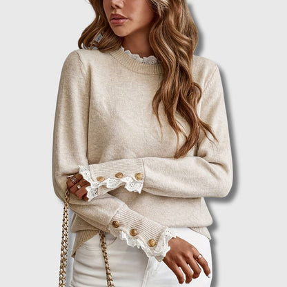 Women's Lace Trim Round Neck Jumper with Button Sleeves