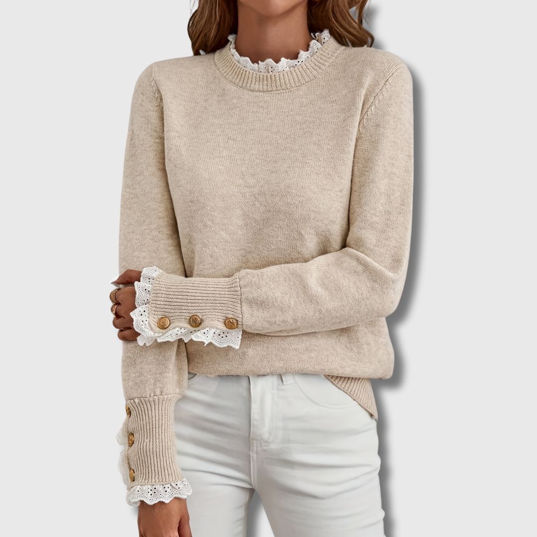Women's Lace Trim Round Neck Jumper with Button Sleeves