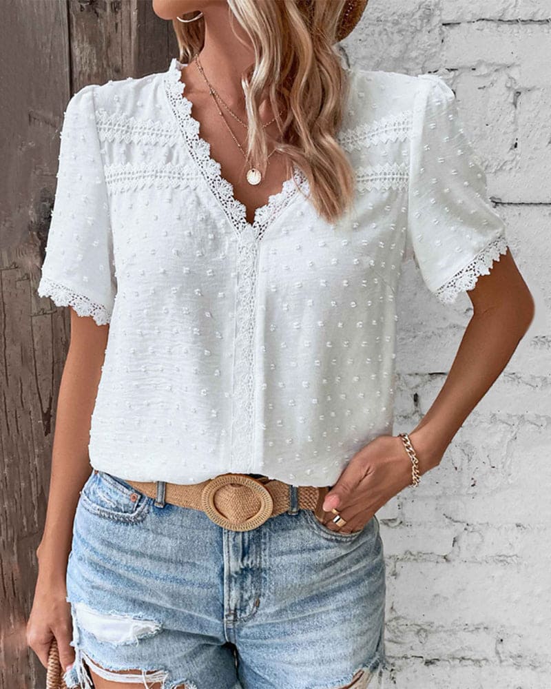 Women's Lace Trim Swiss Dot V Neck Blouse