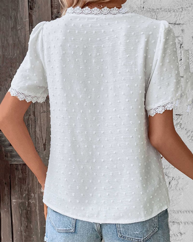 Women's Lace Trim Swiss Dot V Neck Blouse