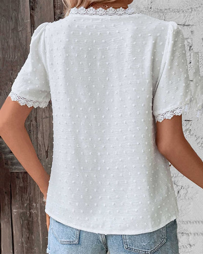 Women's Lace Trim Swiss Dot V Neck Blouse