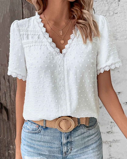 Women's Lace Trim Swiss Dot V Neck Blouse